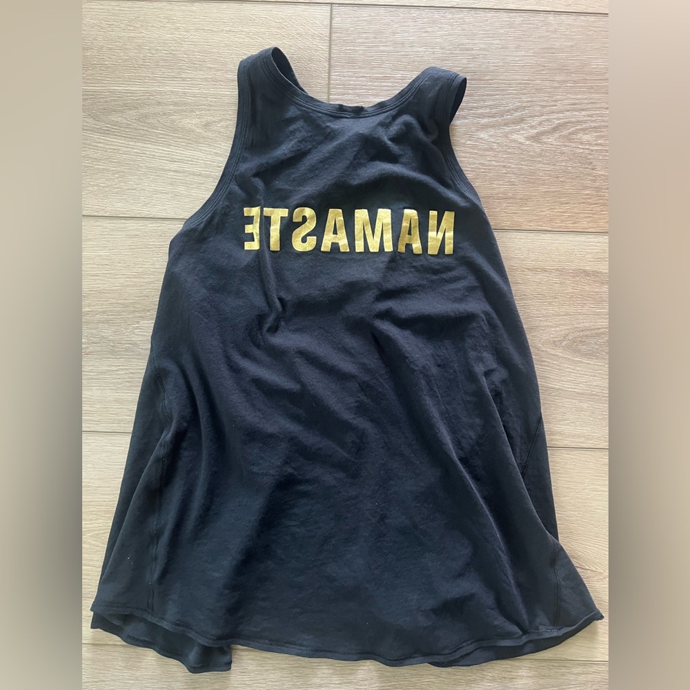 lululemon high neck tank, Black/Gold Namaste (mirrored) size 10, open tie back